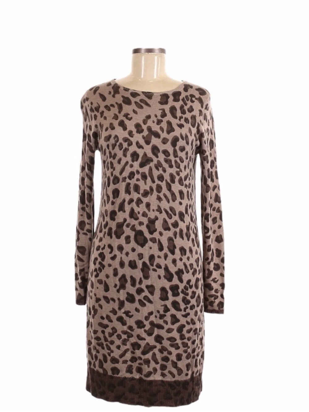 Carmen Marc Valvo Gray and Black Leopard Knit Long-Sleeve Dress
